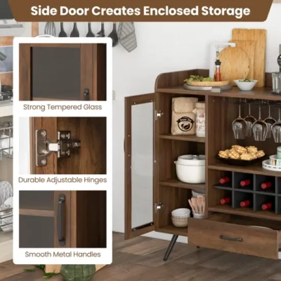 Costway  Kitchen Storage Cabinet  Sideboard with 3-Row Wineglass Holder Removable  Rack Tempered Glass Door & Anti-Tipping Kits image {1}