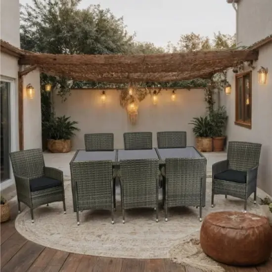 9 Piece Outdoor Wicker Garden Dining Set,Patio Wicker Furniture Set,Wicker Dining Table and 8 Chairs with Glass Top Table and Cushion-Coolbibila image {7}