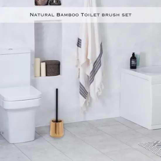 Evideco French Home Goods Natural Bamboo Toilet Brush and Holder Set - Durable Wooden Bathroom Ensemble image {2}