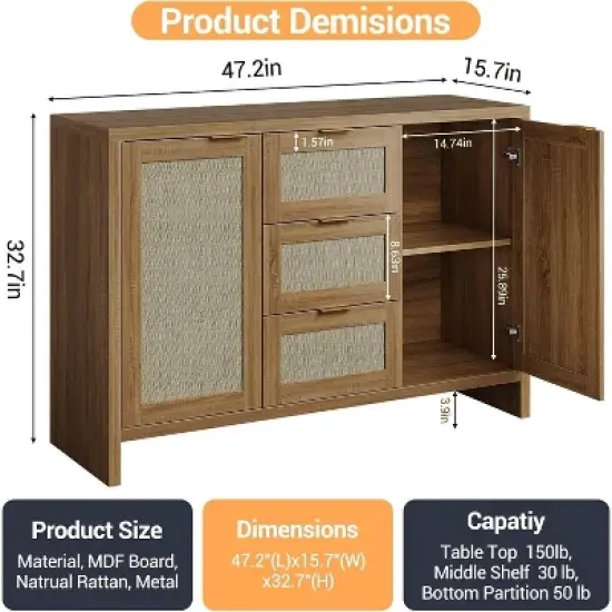 Modern Rattan Buffet Cabinet Sideboard with Storage, 47" Boho Buffet Table with Drawers, Coffee Bar Cabinet for Entryway, Living Room, Farmhouse image {6}