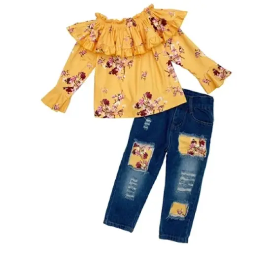 Girls Bloom Girl Patched Jeans Set - Mia Belle Girls image {1}