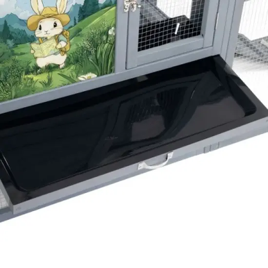 Resenkos 2-Story Rabbit Home, Dual Run Bunny Shelter, Weatherproof Guinea Pig Cage, Resting Area, PC Roof, Gray With Colorful Patterns image {9}