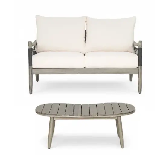 Christopher Knight Home Abell 2 Piece Outdoor Woven Rope Acacia Wood Upholstered Seating Set image {10}