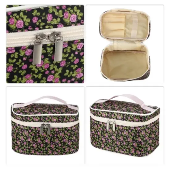 Unique Bargains Portable Peony Cosmetic Bag Black Pink 1 Pc image {2}