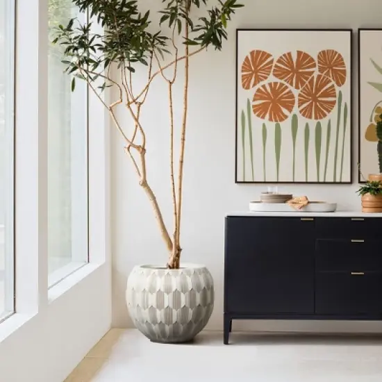 LuxenHome 14" Dia Round Concrete Planter Indoor Outdoor Large Plant Pot with Drainage Hole and Plug Modern Geometric Pattern Flower Pot White image {3}