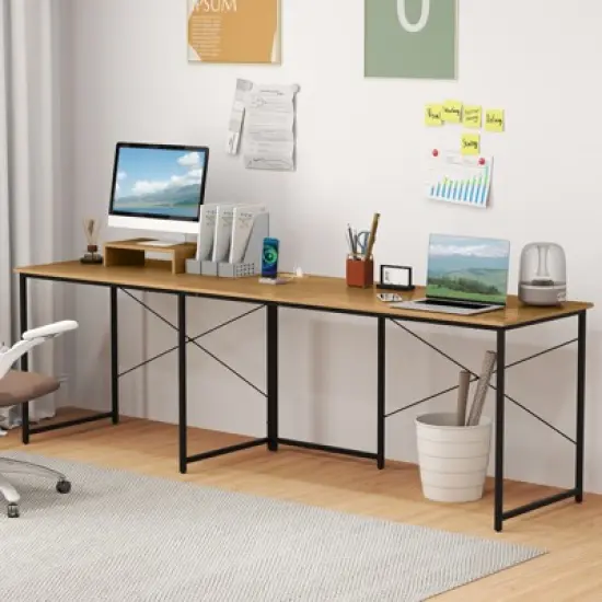 Tangkula L-Shaped Computer Desk with Power Outlets 95&rdquo; Long 2-Person Desk with Monitor Shelf Modern Corner Desk Gaming Table with USB Ports Natural image {3}