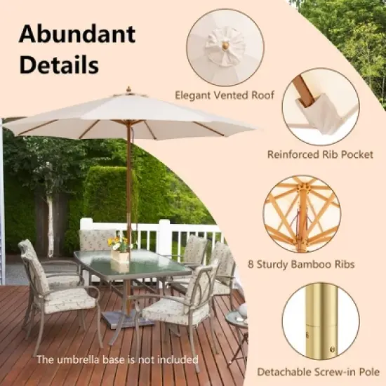 Costway 10FT Patio Wooden Market Table Umbrella Pulley with 8 Bamboo Ribs Sunshade Canopy Coffee/Gray/Navy/Wine/Beige image {7}