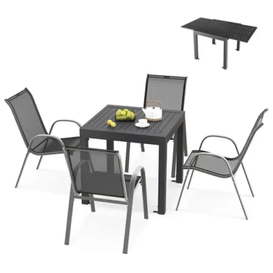 Tangkula 5 PCS Outdoor Dining Table Set w/ Extendable Aluminum Table & 4 Stackable Chairs image {9}