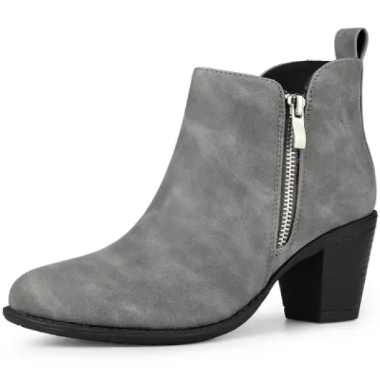Allegra K Women's Low Chunky Heels Zipper Western Ankle Booties image {7}