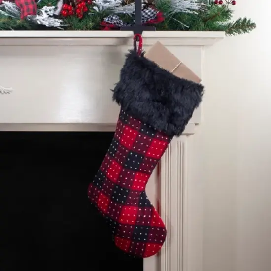 Northlight 21.5" Red and Black Plaid with Dots and Faux Fur Cuff Christmas Stocking image {1}
