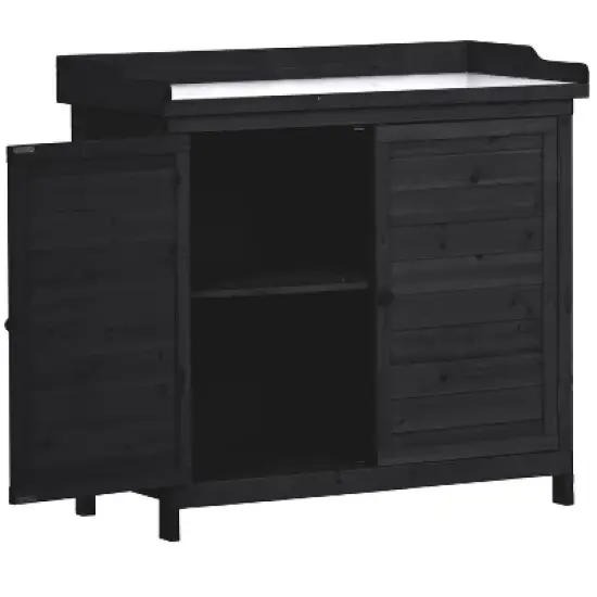 Whisen Rustic Outdoor Potting Bench Table, Garden Workstation with 2-Tier Shelves and Side Hook image {7}