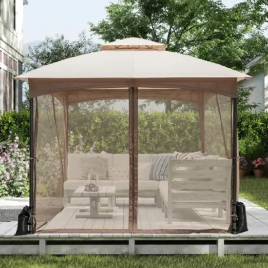 Costway 10 X 10/12 FT Patio Gazebo with Netting Walls 4 Sandbags Zippered Doors Outdoor Gray/Beige image {3}
