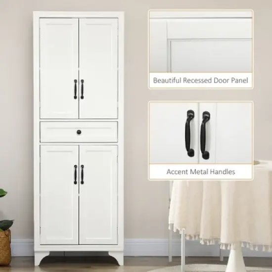 Gulches Classic 67" Tall Freestanding Kitchen Pantry Cabinet - 4-Door with Drawer & Adjustable Shelves, White 23.5"W x15"D x67"H image {8}