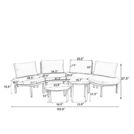 FIONECA 6-Piece Half Moon Outdoor Sectional Sofa Set with 2 Coffee Tables, Gray PE Wicker Patio Furniture with Cushions & Pillows image {6}