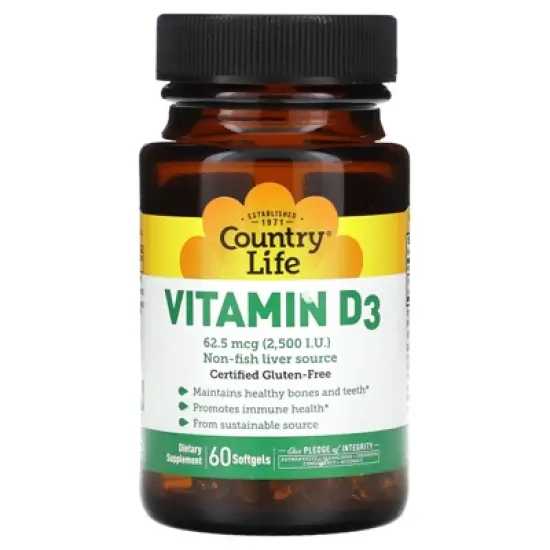 Country Life Vitamin D3, 62.5 mcg (2,500 IU), 60 Softgels image {4}