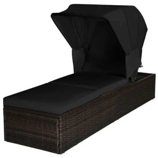 Tangkula Rattan Patio Chaise Lounge Chair W/ Adjustable Canopy Black Cushion image {10}