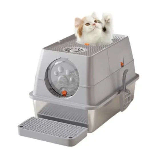 Stainless Steel Cat Litter Box, High Sided Enclosure Litter Box with Lid, Front and Top Door, Large Cat Toilet with Sand Filter Pedal & Litter Scoop image {8}