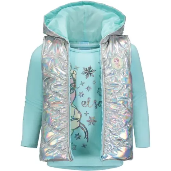 Disney Frozen Princess Anna Elsa Girls Zip Up Vest Puffer T-Shirt and Leggings 3 Piece Outfit Set Toddler image {4}