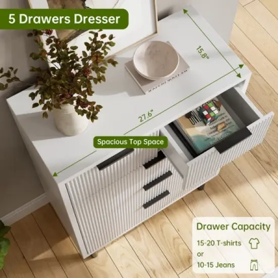 Wave Fluted 5 Drawer Dresser for Bedroom, Tall Dresser Chest of Drawers, Wood Storage Dresser Organizer for Nursery Bedroom Living Room, White image {3}