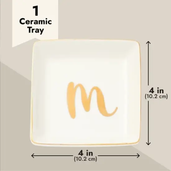 Juvale Monogrammed Letter M Ring Tray for Gifts, Personalized Jewelry Dish for Earrings, Necklaces, Bracelets (4x4 in) image {6}