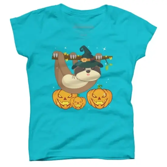 Girl's Design By Humans Funny Witch Sloth With Jack O Lantern Halloween T-Shirt By thebeardstudio T-Shirt image {4}