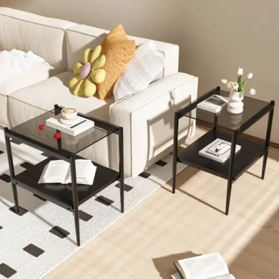 KWPZQEB Set of 2 Rectangle End Table with Tempered Glass Tabletop, Nightstand with 2-Layer Storage Shelves for Small Spaces, Living Room, Bedroom image {11}