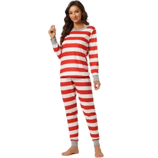 cheibear Striped Winter Xmas Christmas Family Matching Sleepwear Set Red-Stripes image {1}