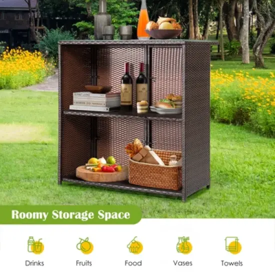 Tangkula 3PCS Patio Wicker Rattan Bar Set Table w/2 Red Cushioned Stools image {3}