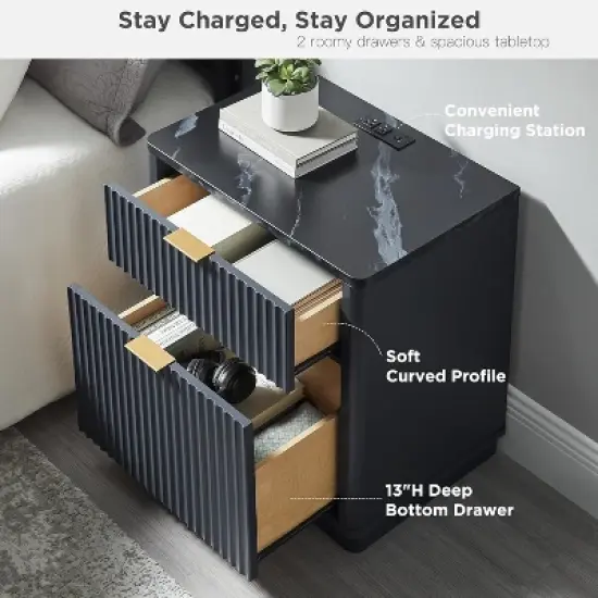 SinCiDo Modern 23" Fluted Nightstands Set of 2 with Charging Station, 2 Storage Drawers Bedside Tables for Bedroom, Living Room image {3}