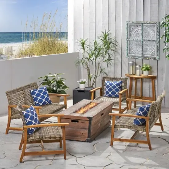 Christopher Knight Home Hampton Outdoor Acacia Wood and Wicker 6 Seater Chat Set with Fire Pit image {13}