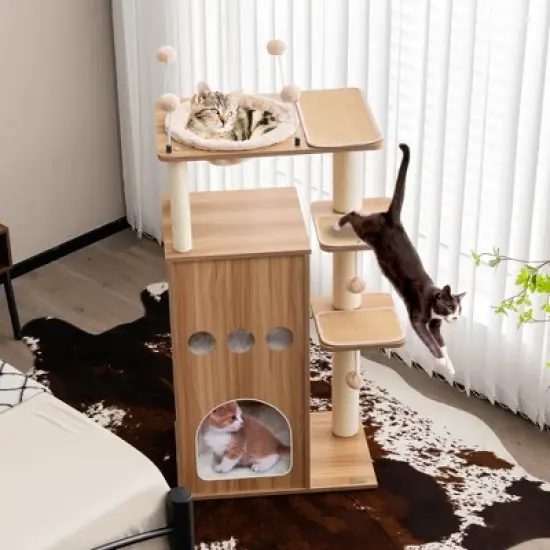 Costway 52'' Modern Cat Tree Tower Multi-level Cat Play Center w/Deluxe Hammock Natural image {3}
