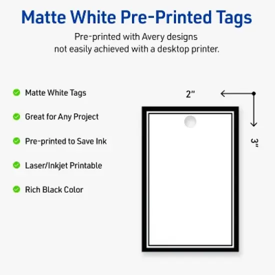 Avery Printable Rectangle Tags, Double Black Border, 2" x 3", Matte White Rectangle Tags, Laser/Inkjet, 80ct, Great for Product Tags image {1}