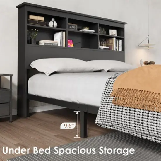 Full Size Bed Frame with Bookcase Headboard, Full Platform Bed with 2-tier Storage & Charging Station, No Box Spring Needed Easy Assemble，Black image {4}
