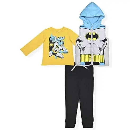 Warner Bros Boy's Batman 3 Piece Coordinates, Graphic Printed Hooded Puffer Vest, Long Sleeve Shirt, and Jogger Pants Set for toddler image {5}