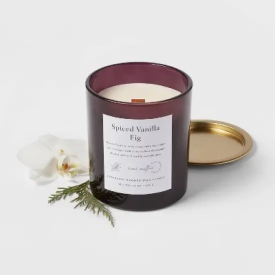 Clear Colored Glass with Woodwick and Brass Metal Inset Lid Spice Vanilla Fig Candle Purple - Threshold&trade; image {2}