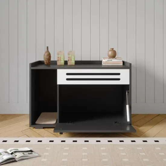 Cat Litter Box Enclosure, Hidden Litter Box Furniture, Dog Proof Hideaway Kitty Flip-down Opening Litter Box Cabinet, Indoor Wooden Cat Washroom image {7}