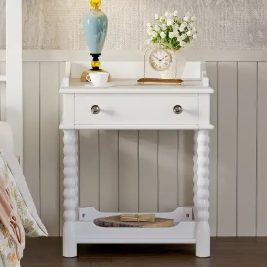 Kumasinova Wooden Nightstand with Open Shelf,Side Table with Turned Legs,Night Stand with Drawers,Bedside Table with Metal Handle for Bedroom image {7}