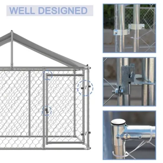 Outside Dog Kennel with Roof, Galvanized Steel Pet Enclosure Chain Link Dog House (90"D x 90"W x 65"H) image {7}