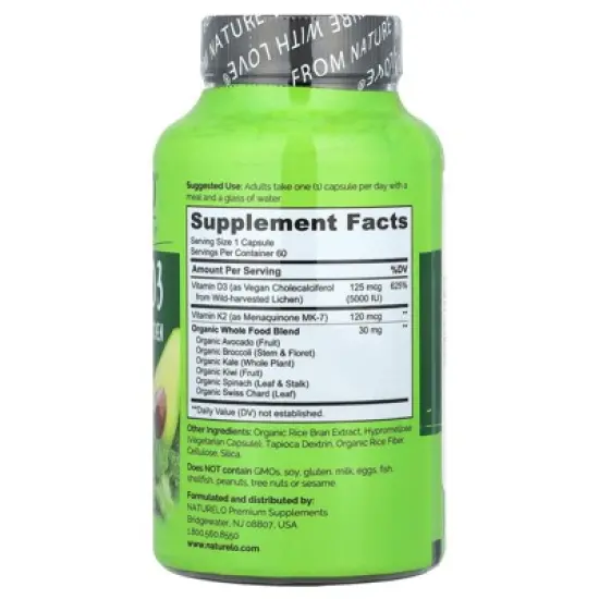 NATURELO Vegan Vitamin K2 + D3, 60 Vegetarian Capsules image {1}