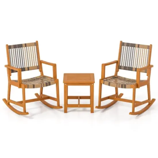 Costway 3 Piece Patio Rocking Set with Rattan Seat & Back Square Side Table for Porch image {9}