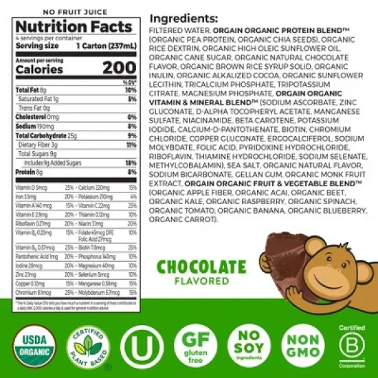 Orgain Kids' Plant Based Chocolate Protein Shake - 4pk/8.25 fl oz image {2}