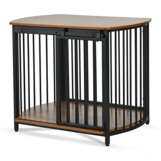 Medium Dog House Dog Crate Wooden Cage Indoor Kennel Furniture Dog Shelter End Table with Double-Doors, Brown/Gray+Black-ModernLuxe image {6}