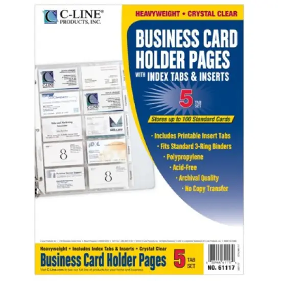 C-Line - Business Card Holder - Poly with Tabs - Holds 20 Cards/Page - 11" - Pack of 5 image {1}