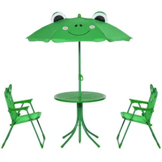 Outsunny Folding Kids Table and Chair Set, Picnic Table with Frog Pattern Removable & Height Adjustable Sun Umbrella for Garden, Backyard, Green image {3}