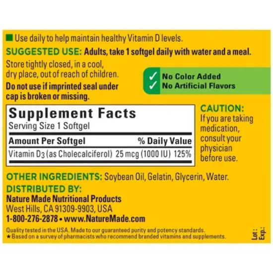 Nature Made Vitamin D3 1000 IU (25 mcg), Bone Health and Immune Support Softgel image {1}