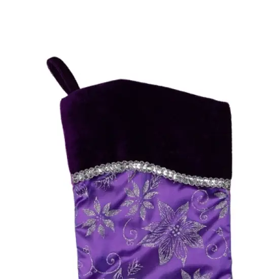 Northlight 20" Purple and Silver Glittered Floral Christmas Stocking with Shadow Velveteen Cuff image {5}