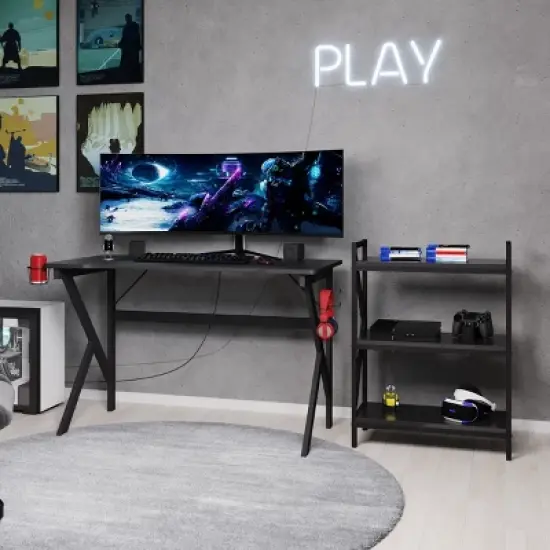 Lavish Home Gaming Computer Desk with Cup Holder, Headphone Hanger, Cable Management, Black image {3}