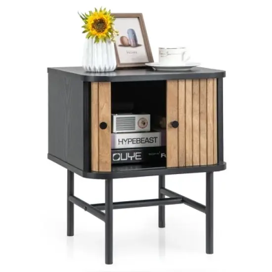 Costway Sliding Door Nightstand Mid-century Modern Storage End Table with Cabinet Black/Distressed White image {9}