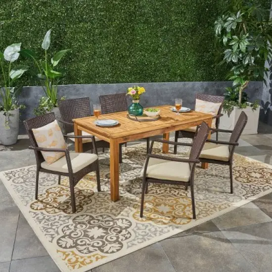 Davenport 7pc Wood & Wicker Expandable Patio Dining Set - Natural/Brown/Cream - Christopher Knight Home image {1}