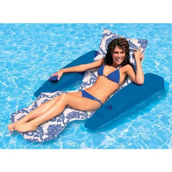 Swim Central 73" Royal Hawaiian Adjustable Floating 1-Person Swimming Pool Chaise Lounge - Blue/White image {1}